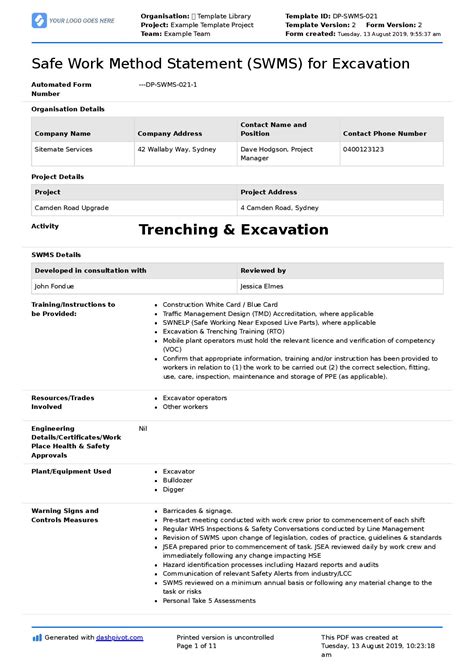 Safe Work Method Statement & Risk Assessment for Excavation 